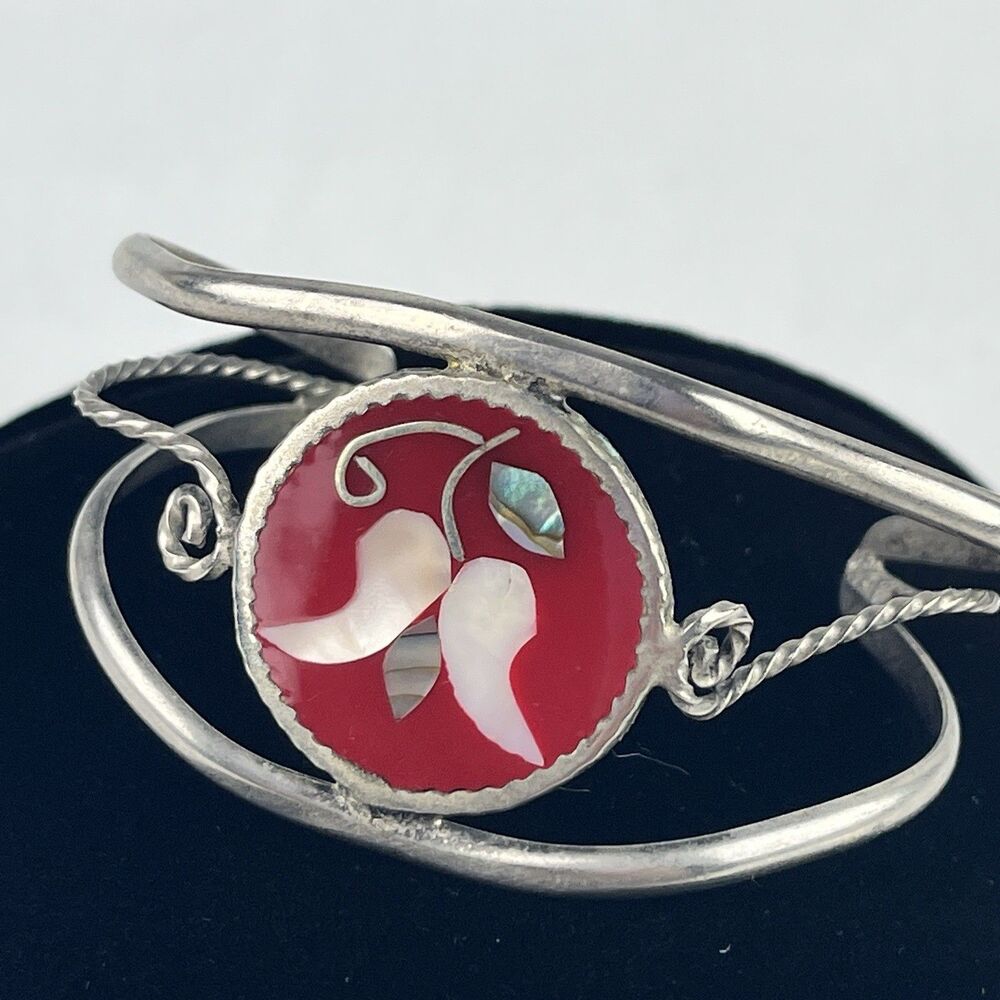 Vintage Mexican Alpaca Silver Cuff Bracelet Red Enamel & Abalone Inlay